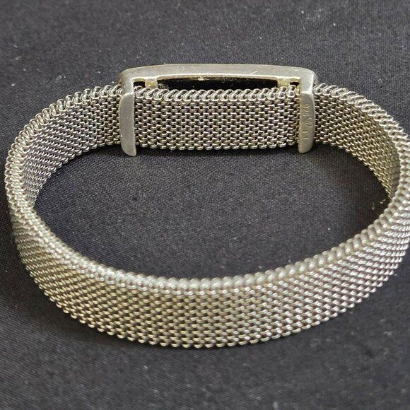 Silver Tone Mesh Stretch Bracelet Butterfly Center Black Enamel Rhinestone - Picture 2 of 5